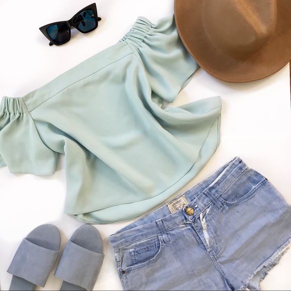 Topshop | Blue Structured Bardot Top - Picture 2 of 7